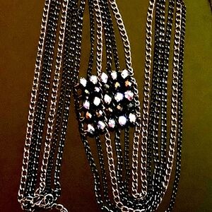 VTG Y2K Multi Strand Silver Black Chains Faceted Beads Long Y Drop Necklace